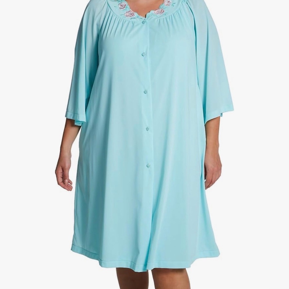 Shadowline Nightgown Robe Nylon Seafoam Pocket Floral Sz 1X NEW